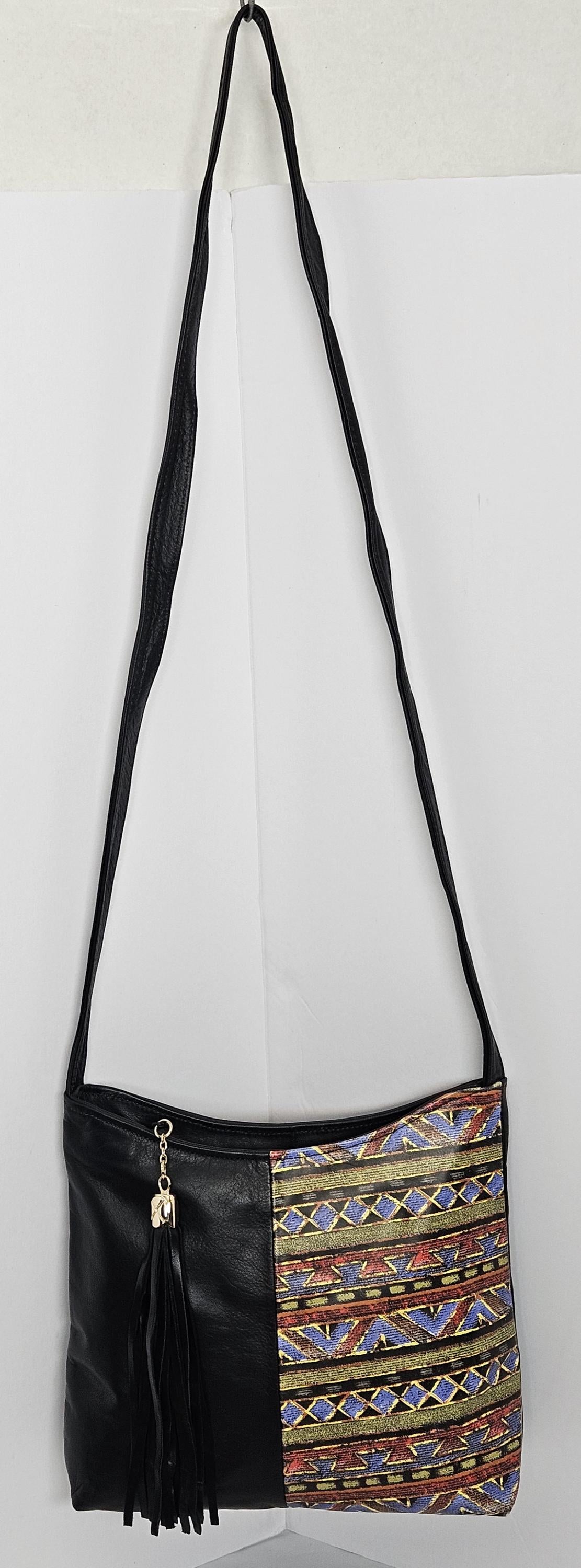 Black Genuine Leather Handbag, Multi-Print Crossbody Purse, Made in USA