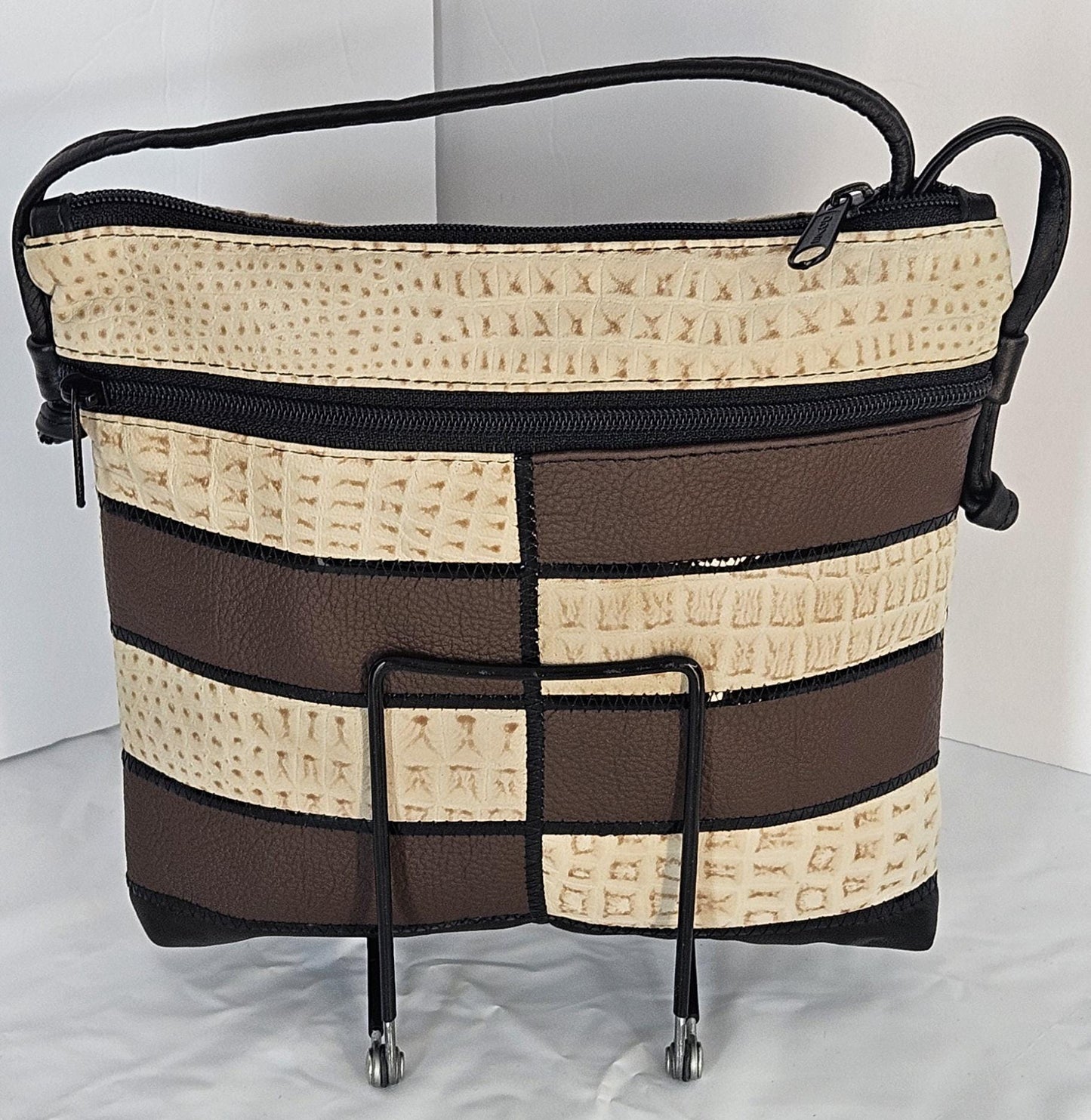 Beige&Brown with black Patton Luxury leather Zigzag work purse for Women,girls,and all. #305Bbpz.Design for you.Made in USA.