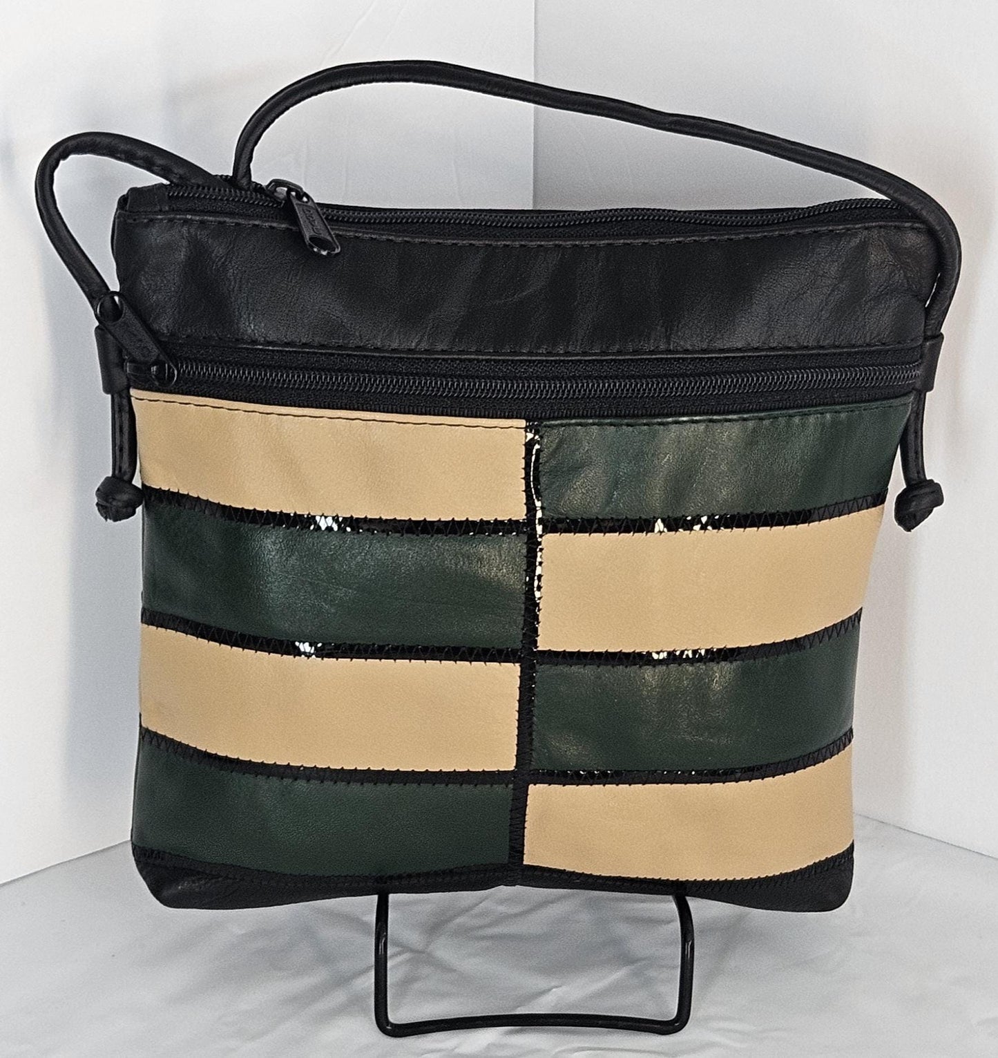 Black/Bowne&Green with black Patton leather Zigzag work purse for Women,girls,and all. #Tr305-2Bbgpz.Design for you.Made in USA.