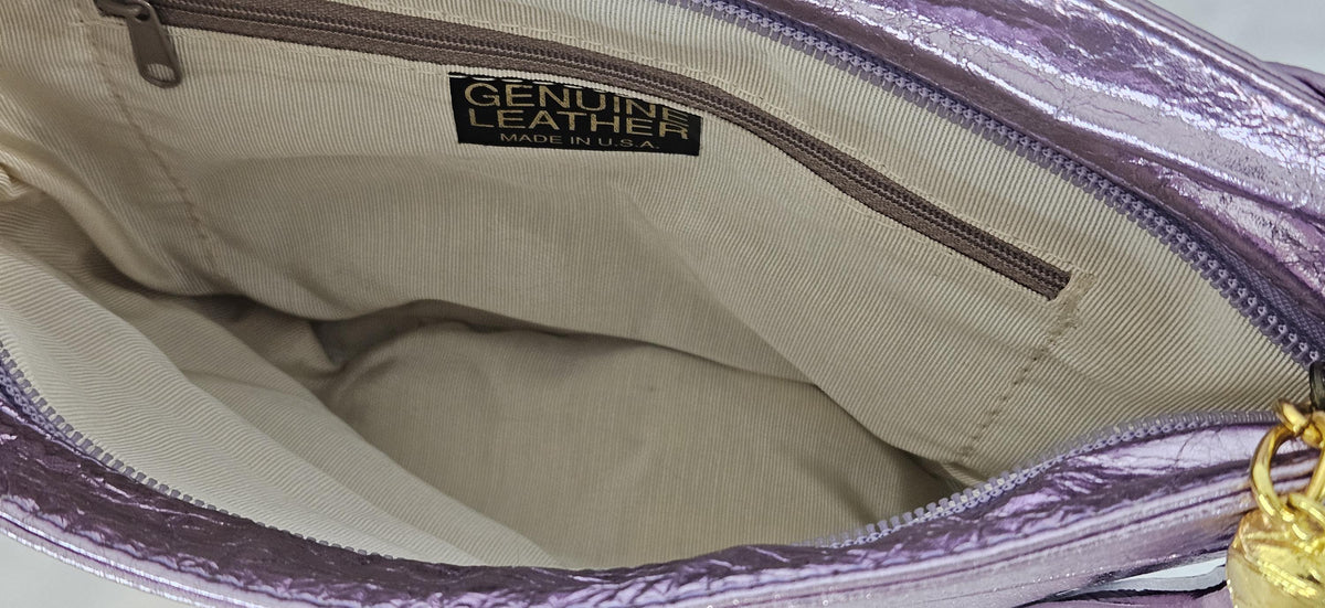 Shining Purple Leather Crossbody Handbag: Gold Accents, Made In USA