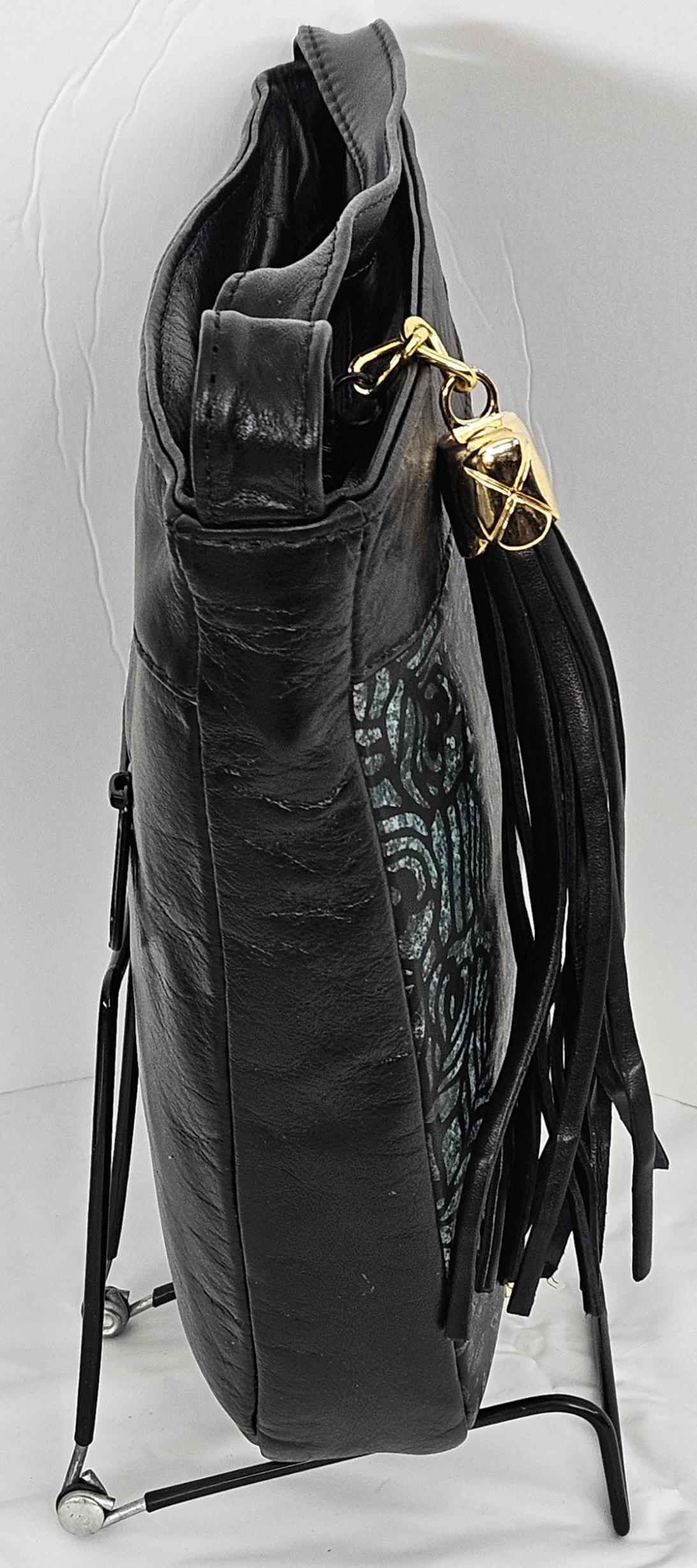 Black with Teal Flowers Gold Z and Butten metal design on Leather Crossbody Handbag for women. Item#2030BTgz.Design for you.Made In USA