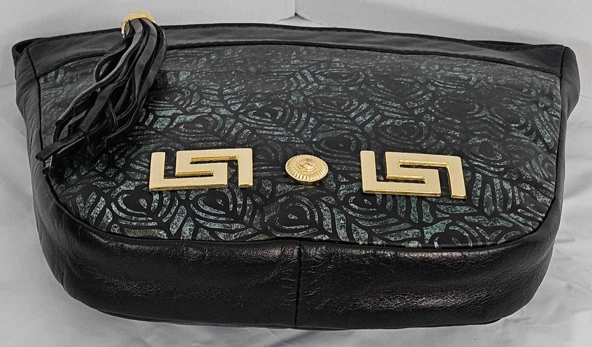 Leather Crossbody Handbag: Black Teal Floral, Gold Accents, Made in USA