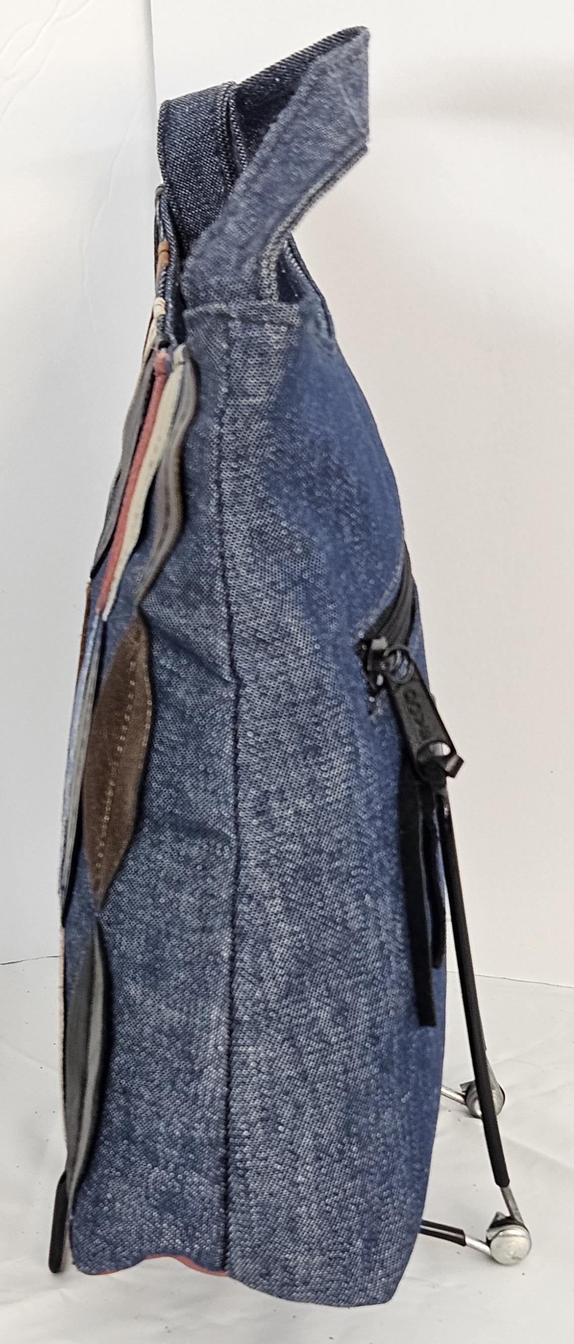 Blue Denim with multi color Luxury Genuine  Leather Lefe design.Universal Crossbody Handbag for all.#Tr306Dml.Light weigh Travel.Made in USA