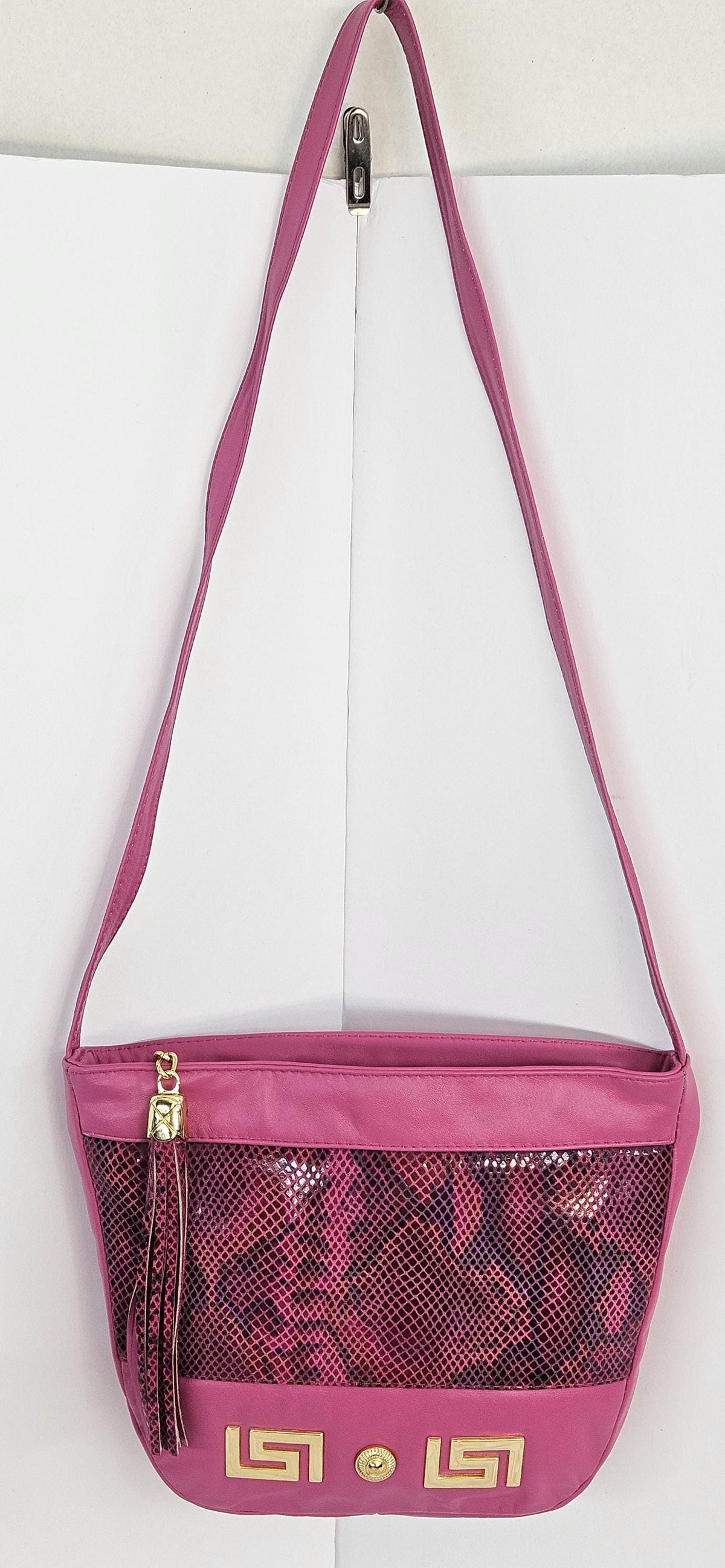 Pink with Fuchsia snake Print Gold Z and Butten metal design on Leather Handbag for women.Item#Tr2030PFgz.Design for you.Made In USA
