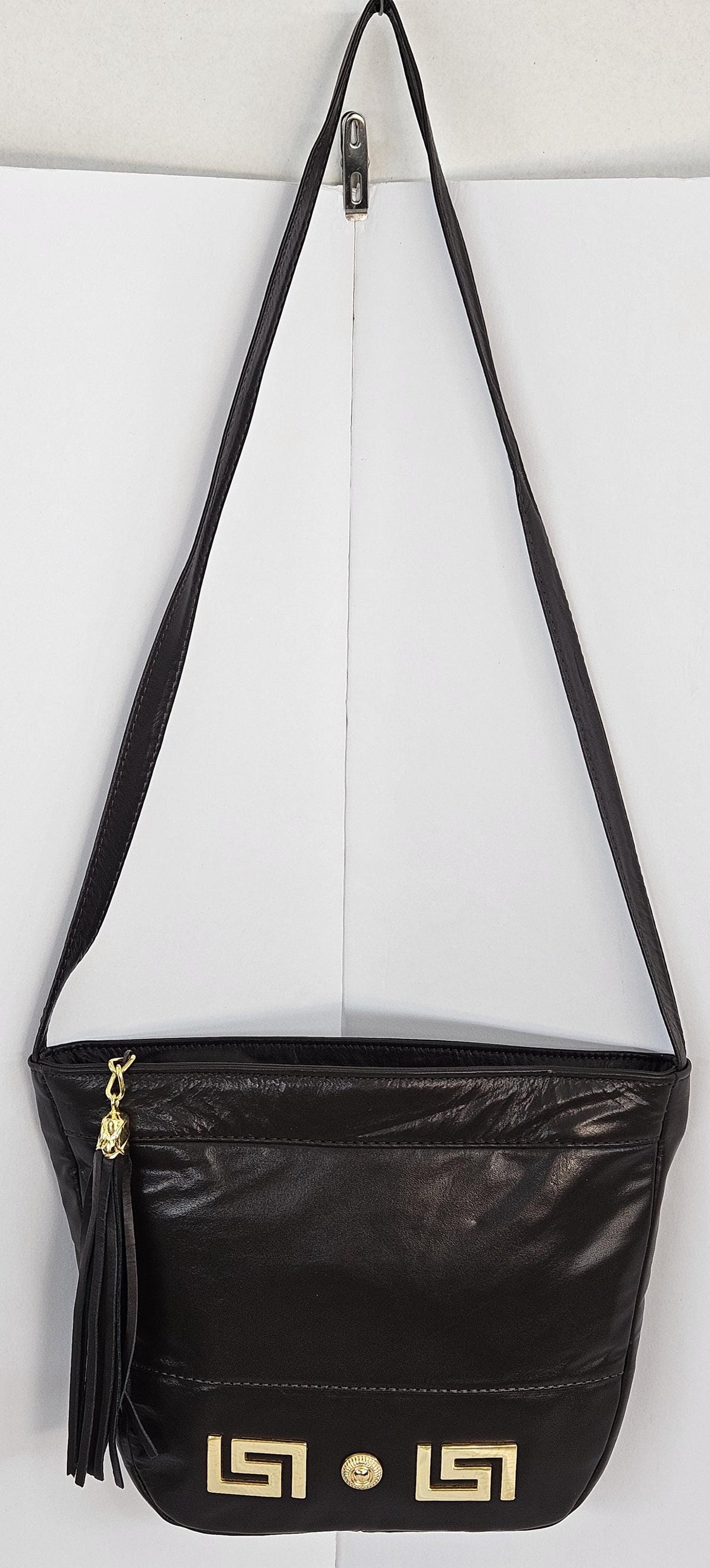 Brown Leather Crossbody Handbag with Gold Detail, Handmade in USA