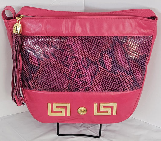 Fuchsia with Fuchsia snake Print Gold Z and Butten metal design on Leather Crossbody Handbag for women.Item#2030FFgz.Design Made in USA.