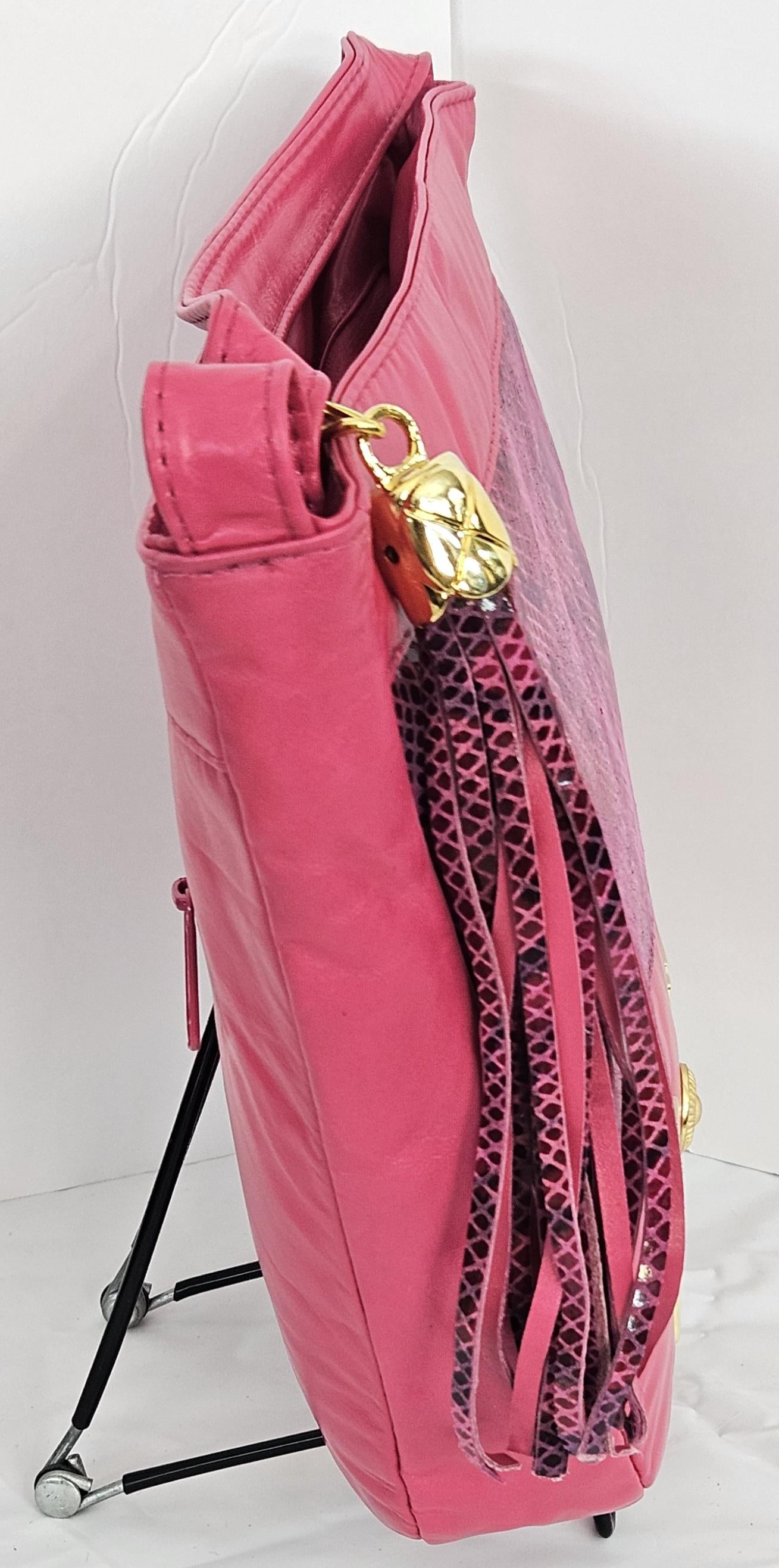 Fuchsia with Fuchsia snake Print Gold Z and Butten metal design on Leather Crossbody Handbag for women.Item#2030FFgz.Design Made in USA.