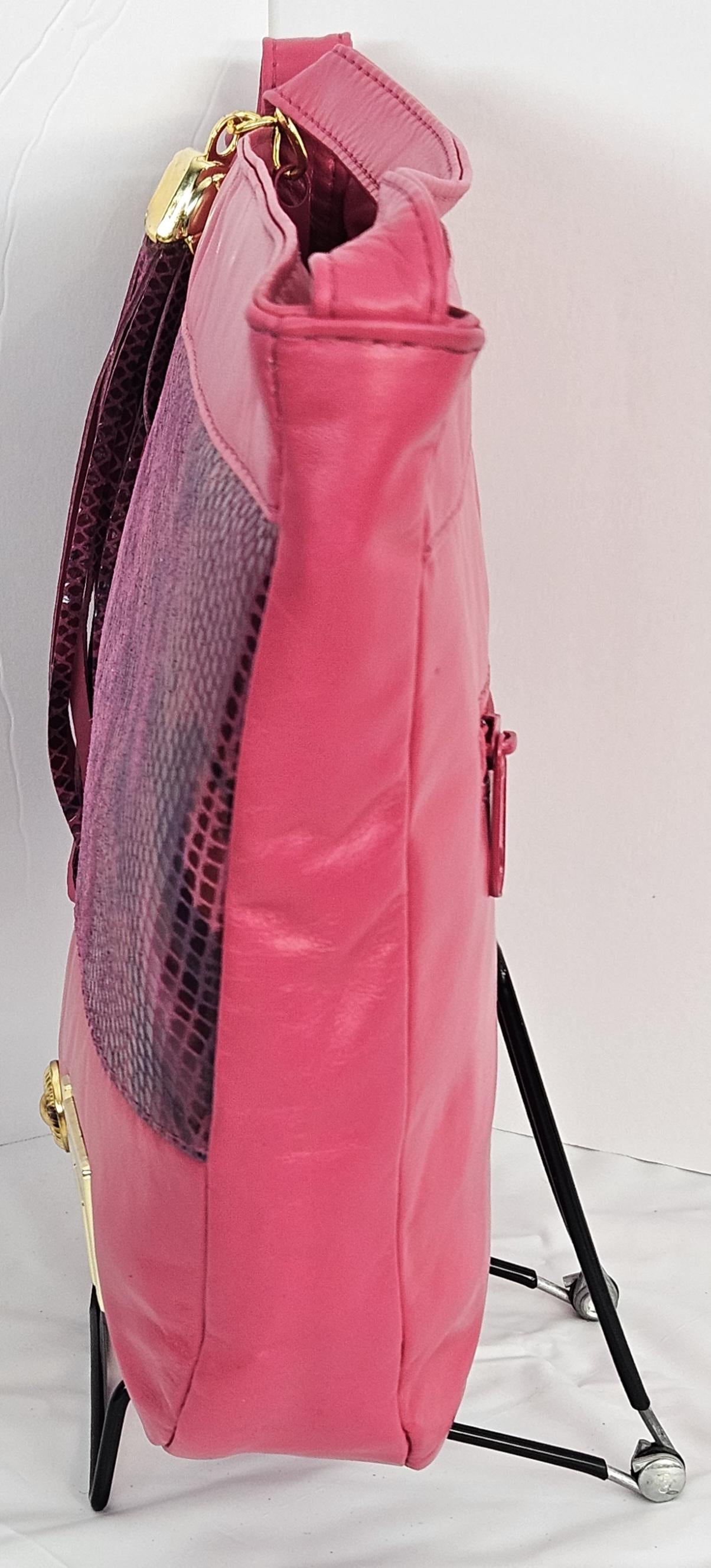 Fuchsia with Fuchsia snake Print Gold Z and Butten metal design on Leather Crossbody Handbag for women.Item#2030FFgz.Design Made in USA.