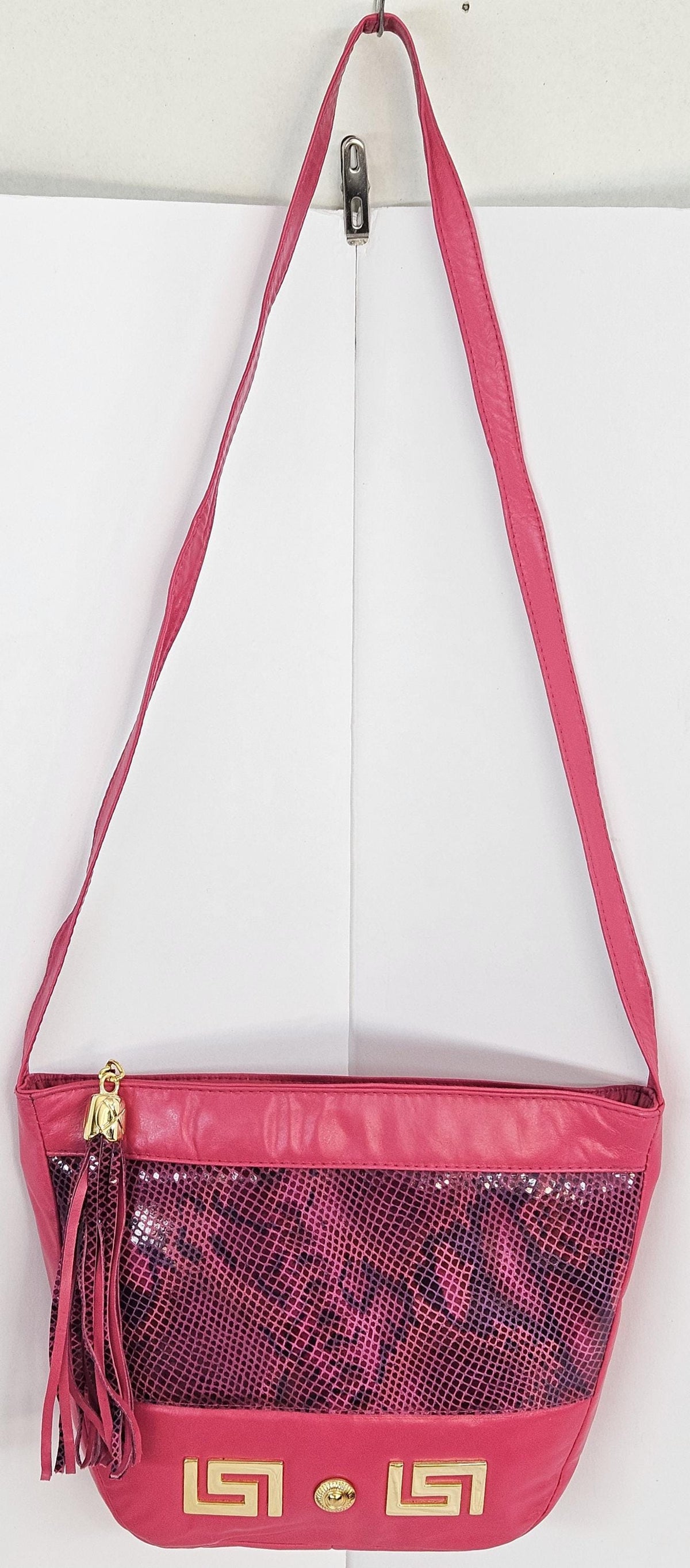 Fuchsia with Fuchsia snake Print Gold Z and Butten metal design on Leather Crossbody Handbag for women.#Tr2030FFgz.Design Made in USA.