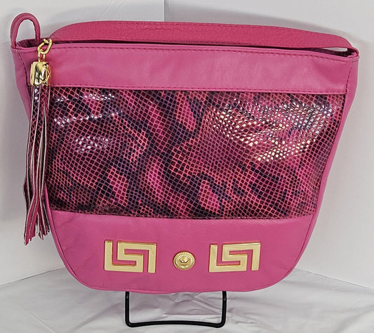 Pink with Fuchsia snake Print Gold Z and Butten metal design on Leather Crossbody Handbag for women.Item#2030PFgz.Design Made in USA.