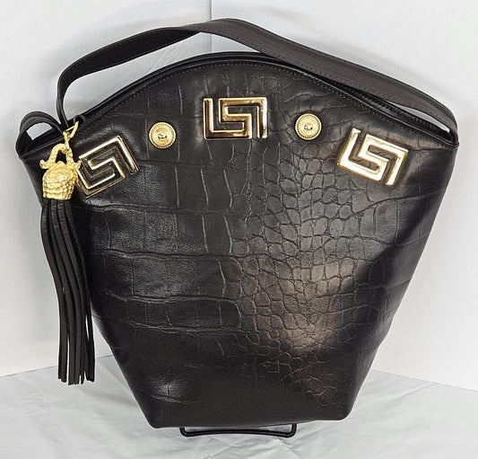 Brown Print Genuine Leather Handbag: Gold Metal Design, Made In USA