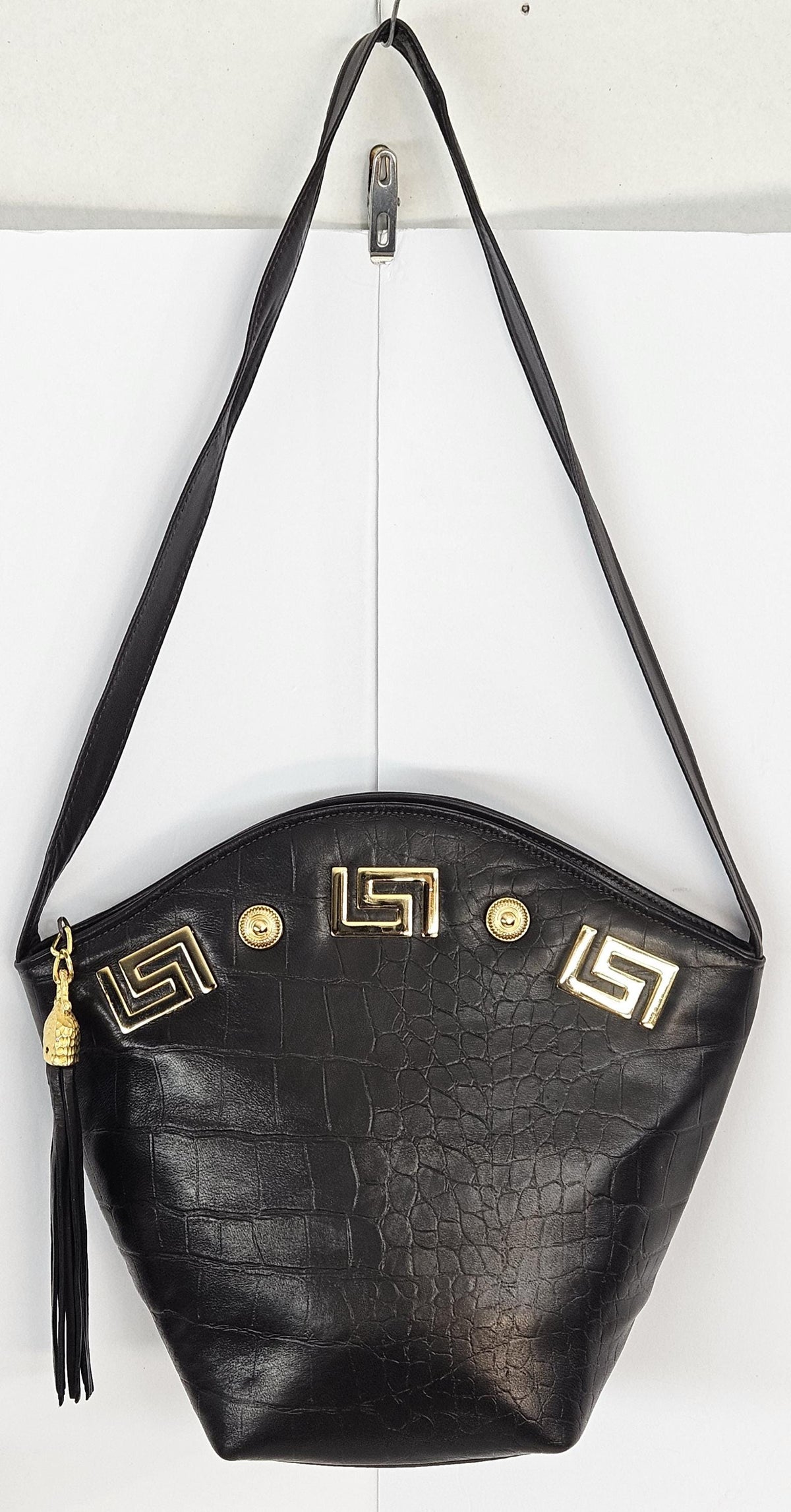 Brown Print Genuine Leather Handbag: Gold Metal Design, Made In USA