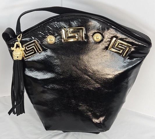 Black Genuine Leather Handbag: Gold Accents & Tassel