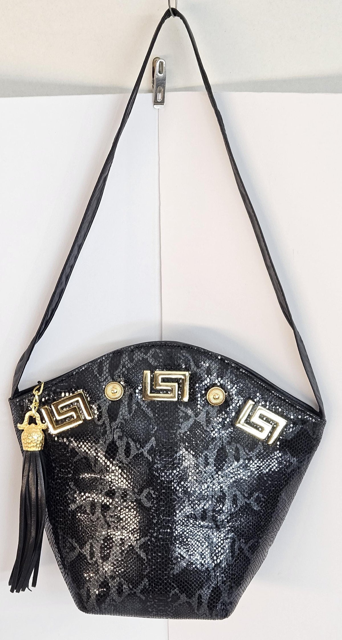 Black Snakeskin Print Leather Handbag - Gold Accents & Tassel