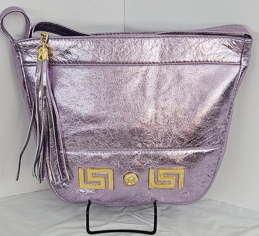 Shining Purple with Gold Z and Butten metal design on Leather Crossbody Handbag for women. Item#2030Pgz.Design for you.Made In USA!