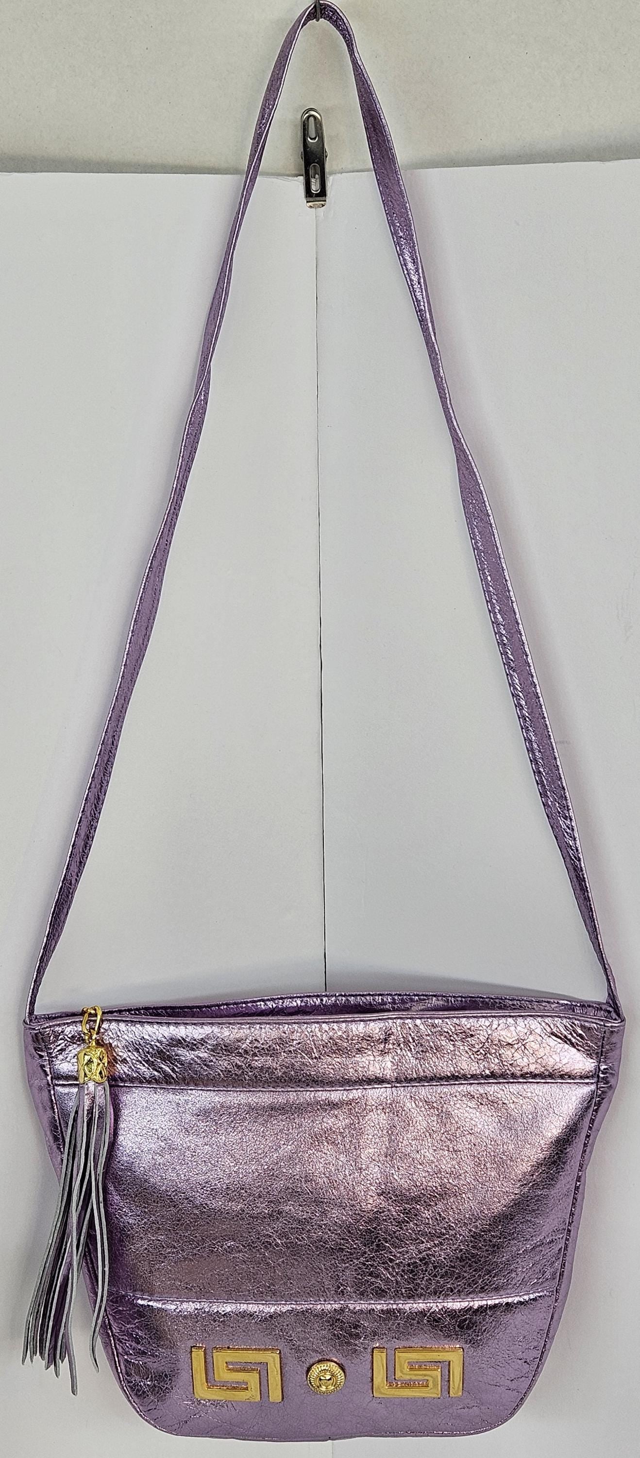 Shining Purple with Gold Z and Butten metal design on Leather Crossbody Handbag for women. Item#Tr2030Pgz.Design for you.Made In USA!