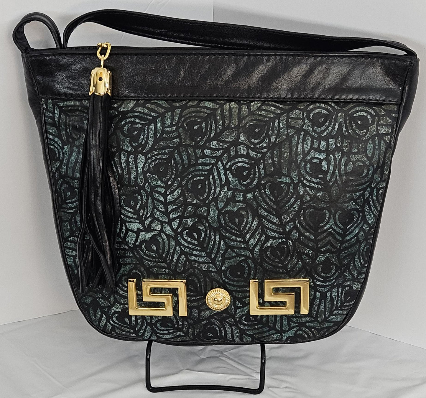 Black with Teal Flowers Gold Z and Butten metal design on Leather Crossbody Handbag for women. Item#2030BTgz.Design for you.Made In USA