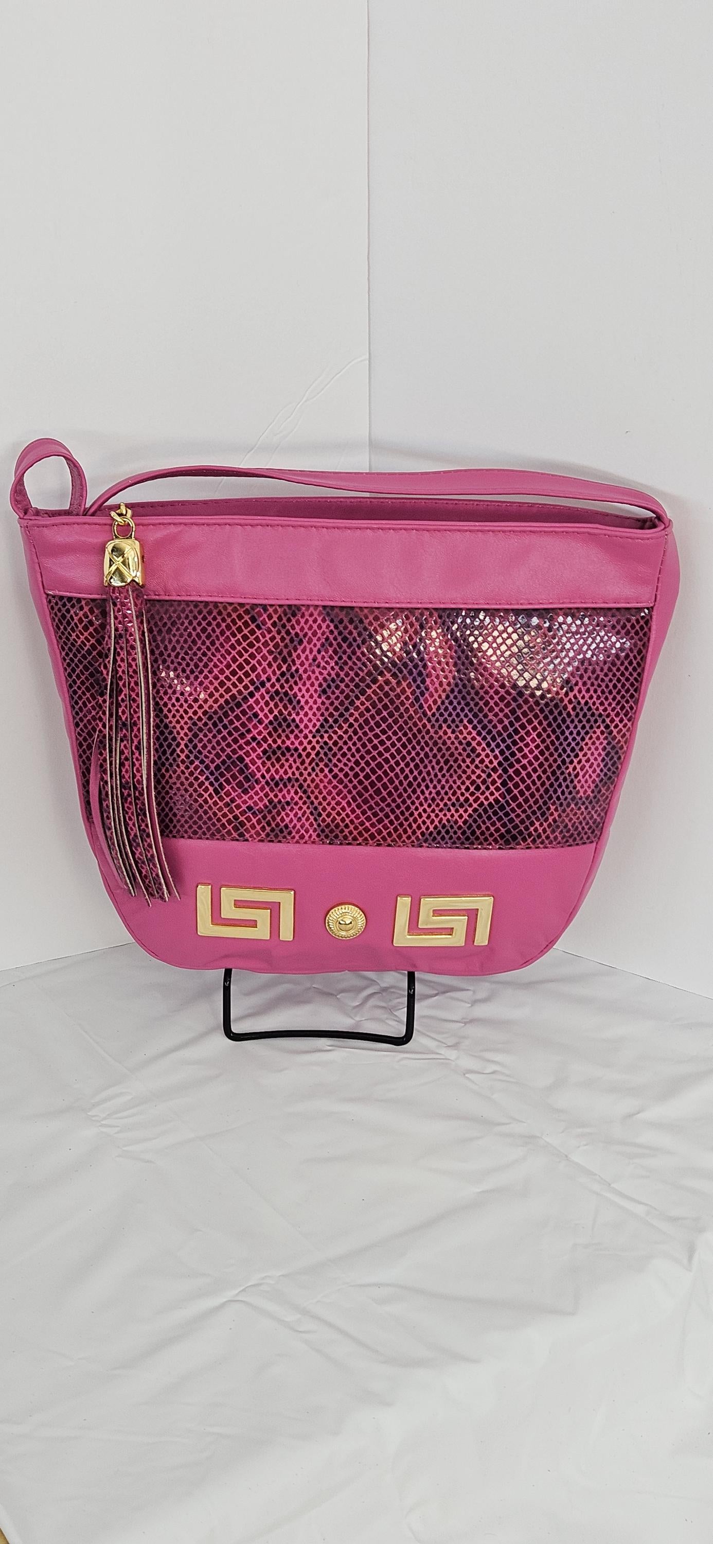 Pink with Fuchsia snake Print Gold Z and Butten metal design on Leather Crossbody Handbag for women.Item#2030PFgz.Design for you.Made In USA