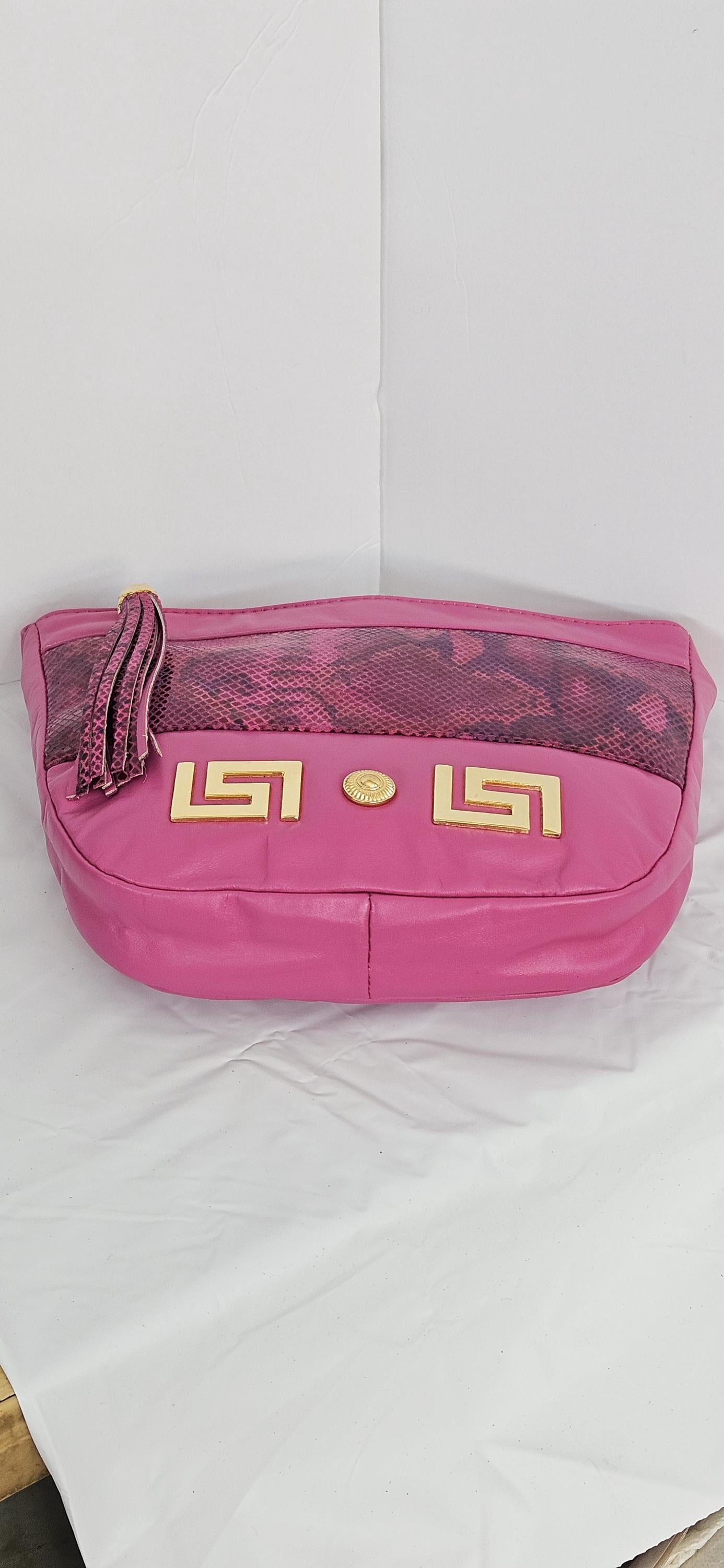 Pink with Fuchsia snake Print Gold Z and Butten metal design on Leather Crossbody Handbag for women.Item#2030PFgz.Design for you.Made In USA