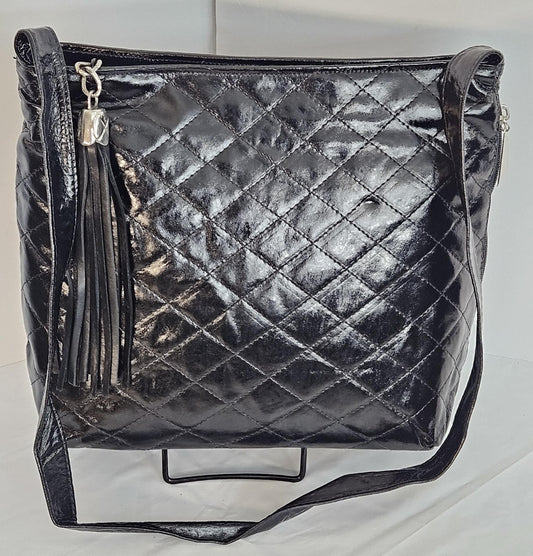 Black Patton Print Leather Handbag: Quilted Stitch Design, Side Pocket