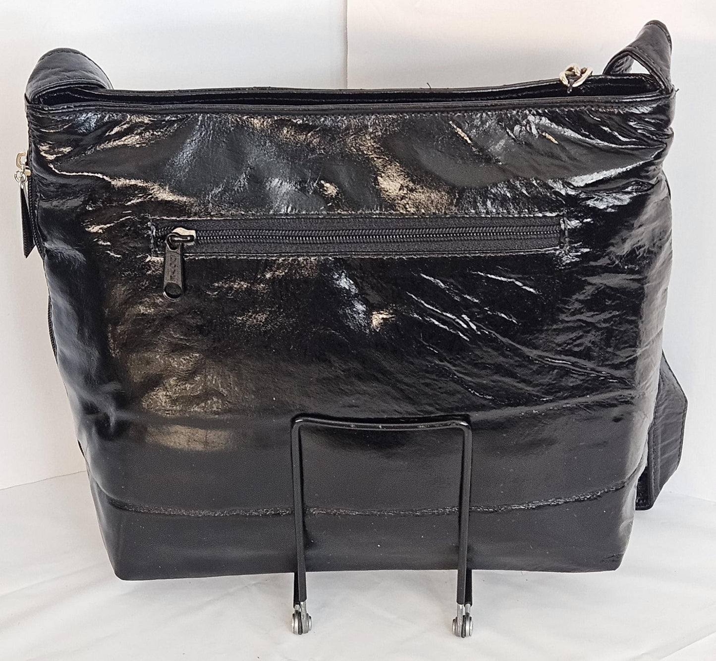 Black Patton Print Leather Handbag: Quilted Stitch Design, Side Pocket