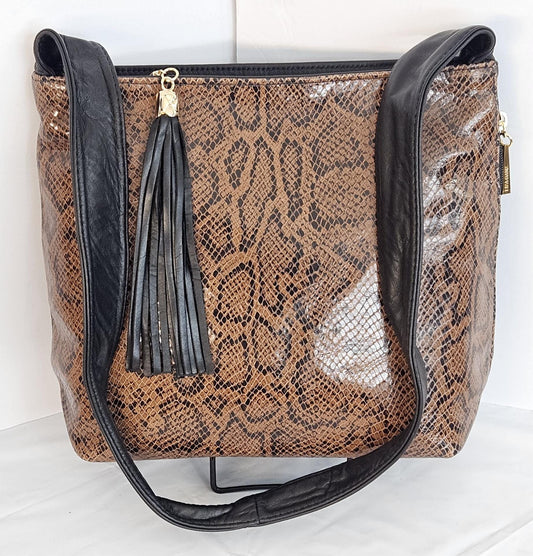 Tejrasila-Gorgeous Black black/brown mix print Genuine leather handbag with!Tr843BbbrP Side pocket.Made in USA!