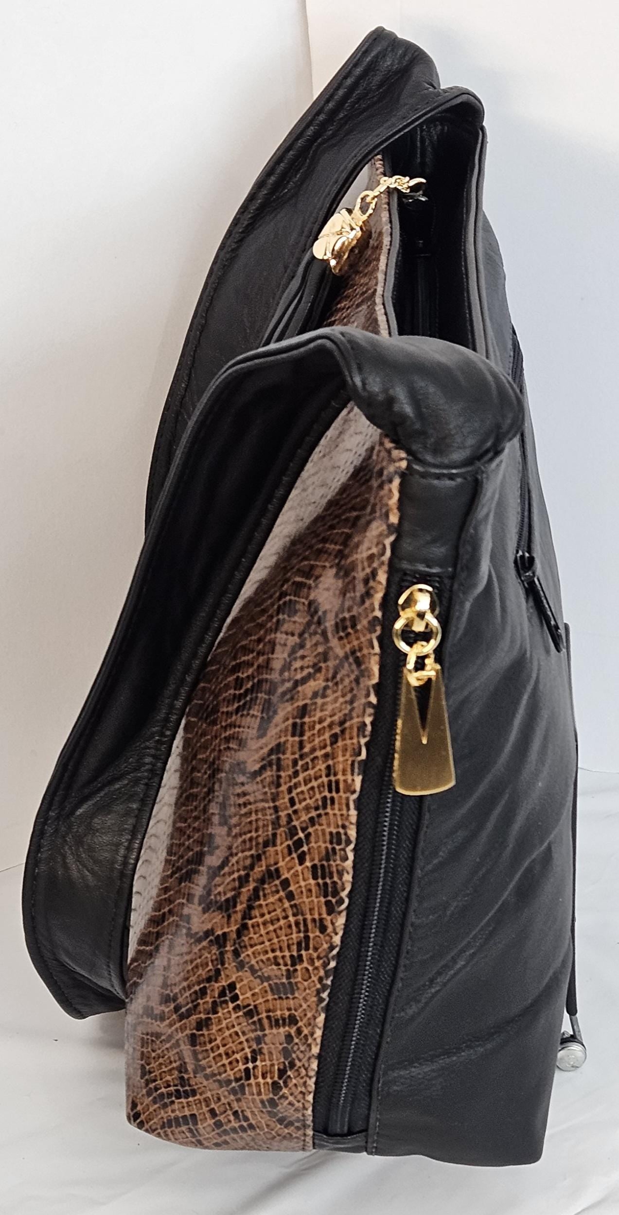 Tejrasila-Gorgeous Black black/brown mix print Genuine leather handbag with!Tr843BbbrP Side pocket.Made in USA!