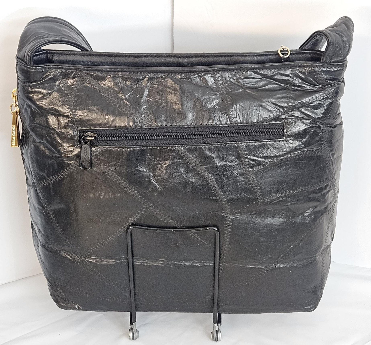 Tejrasila-Gorgeous Black with patchwork Genuine leather handbag!Tr843BPW Side pocket bag.Made in USA!