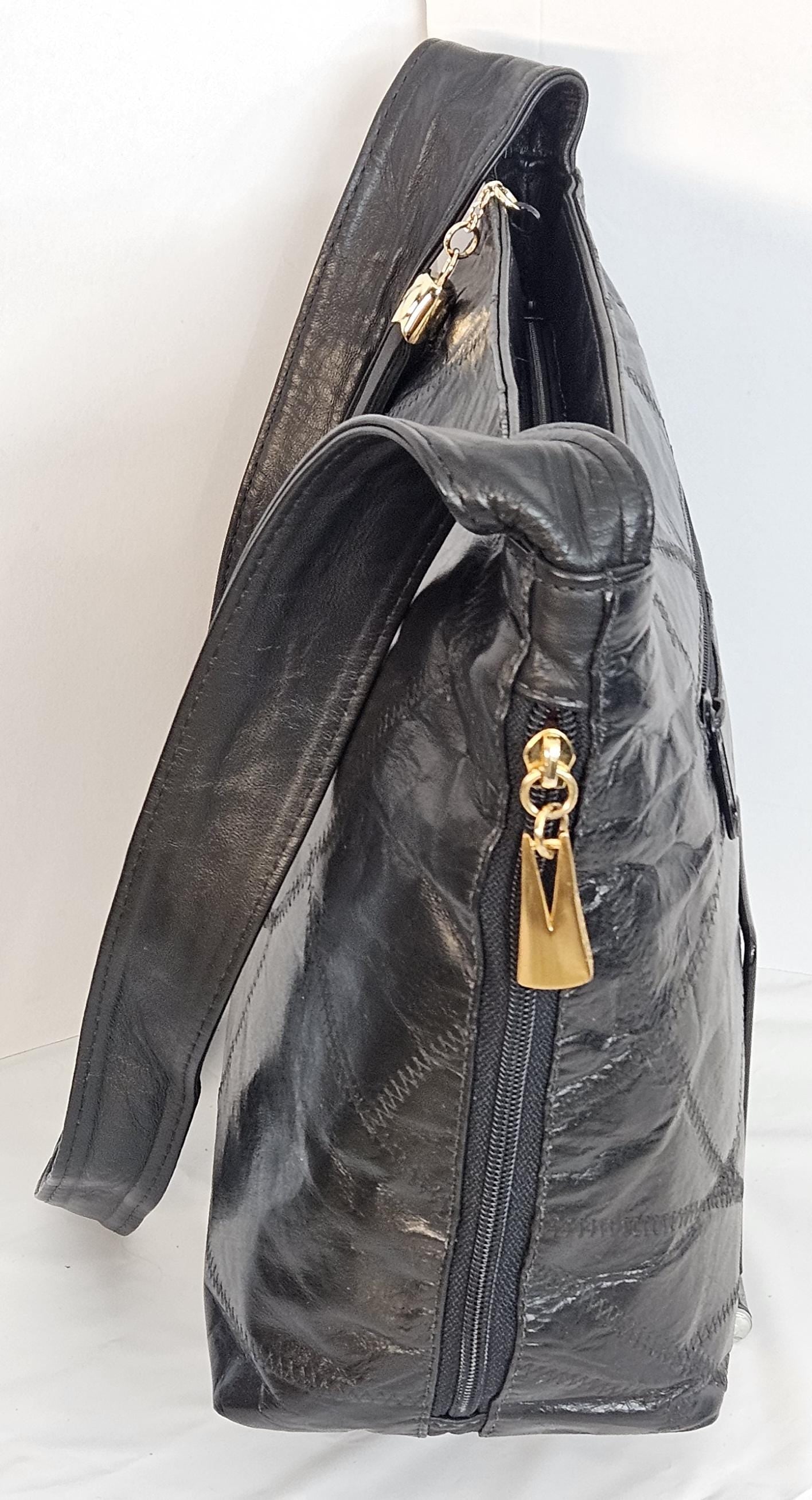 Tejrasila-Gorgeous Black with patchwork Genuine leather handbag!Tr843BPW Side pocket bag.Made in USA!
