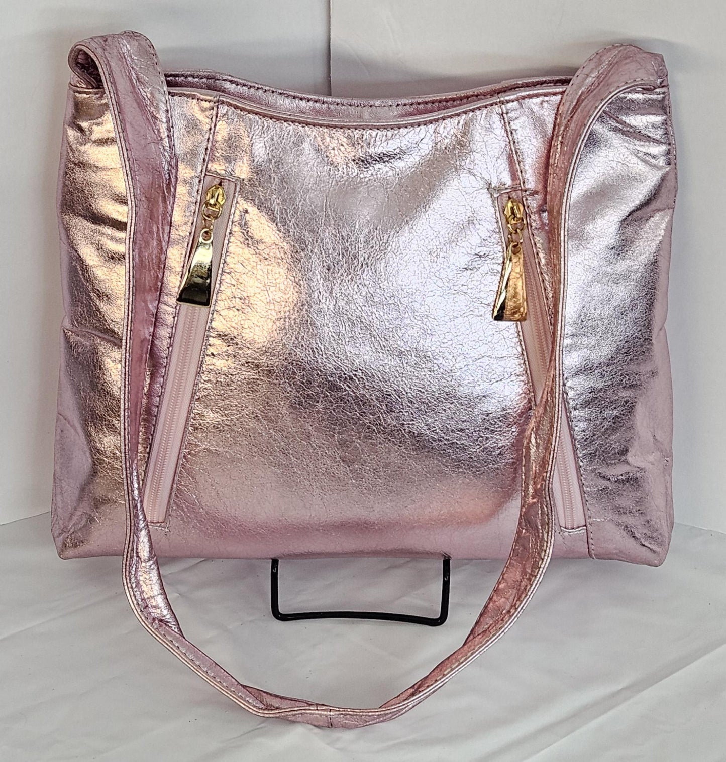 Shining Pink Genuine Leather handbag! Two left and right pockets. Made in USA.