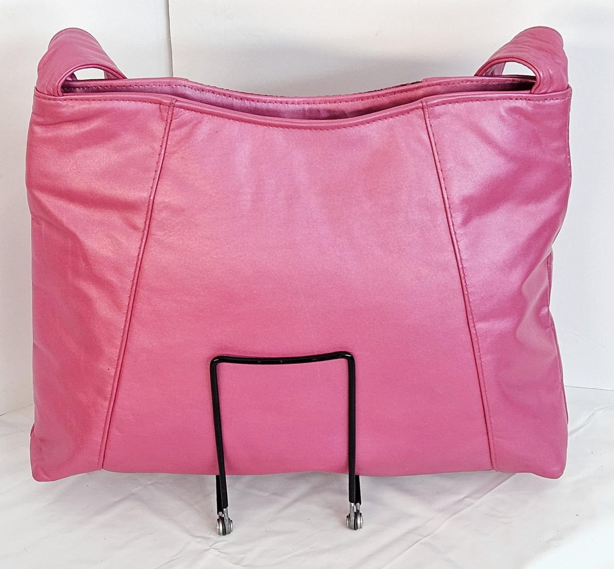 Fuchsia Print Leather Handbag: Two-Pocket Design, Made in USA