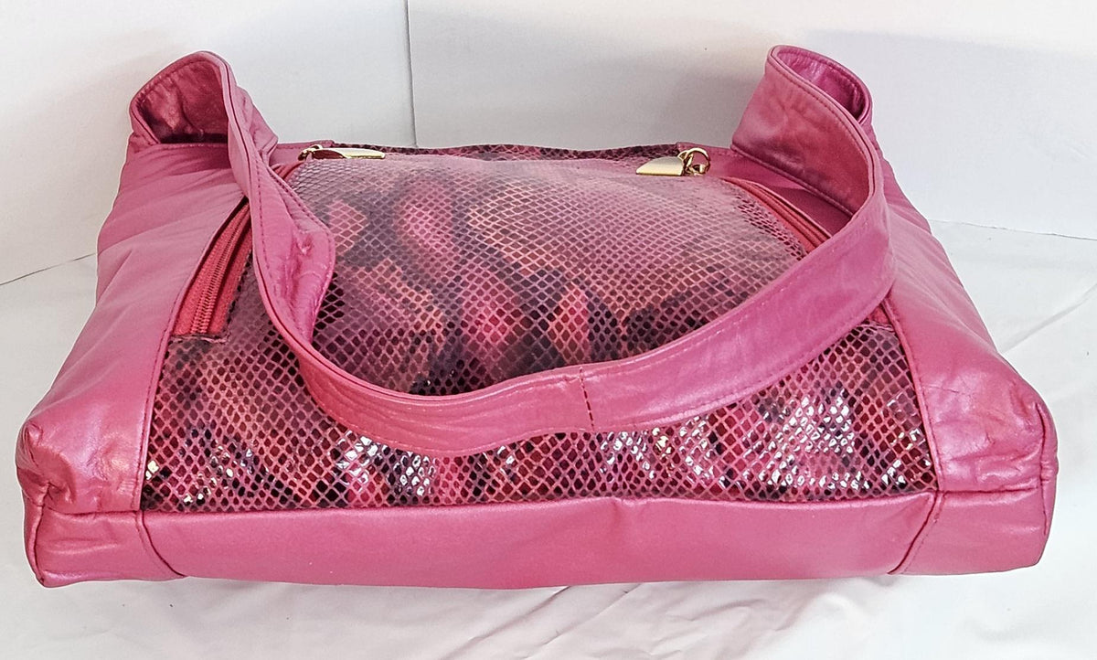 Fuchsia Print Leather Handbag: Two-Pocket Design, Made in USA