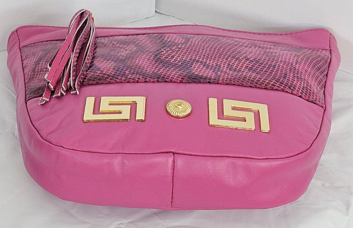 Pink Snake Print Leather Crossbody Handbag: Gold Accents, Made in USA