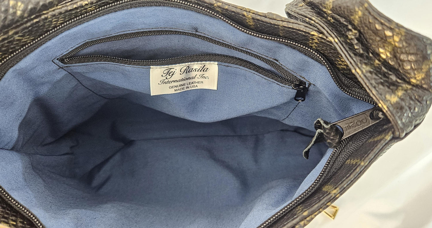 Black Two-Tone print leather handbag! Two left and right pockets.TR9044BTT Made in USA.