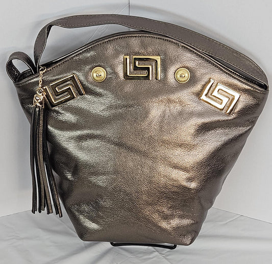 Gorgeous Pewter Gold Z and Butten metal design on Luxury Genuine Leather Handbag for women Universal Use.#TR9047-zp Made in USA!