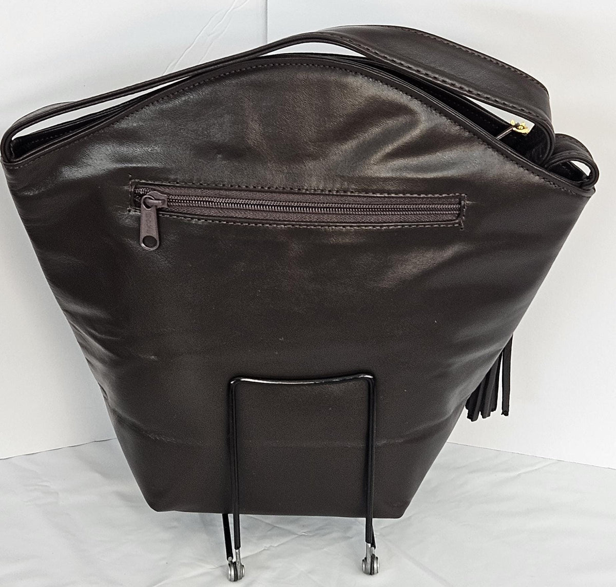 Brown Print Genuine Leather Handbag: Gold Metal Design, Made In USA
