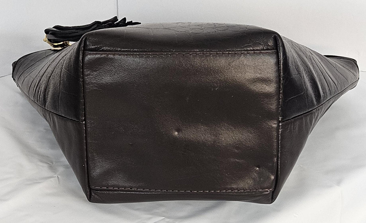 Brown Print Genuine Leather Handbag: Gold Metal Design, Made In USA