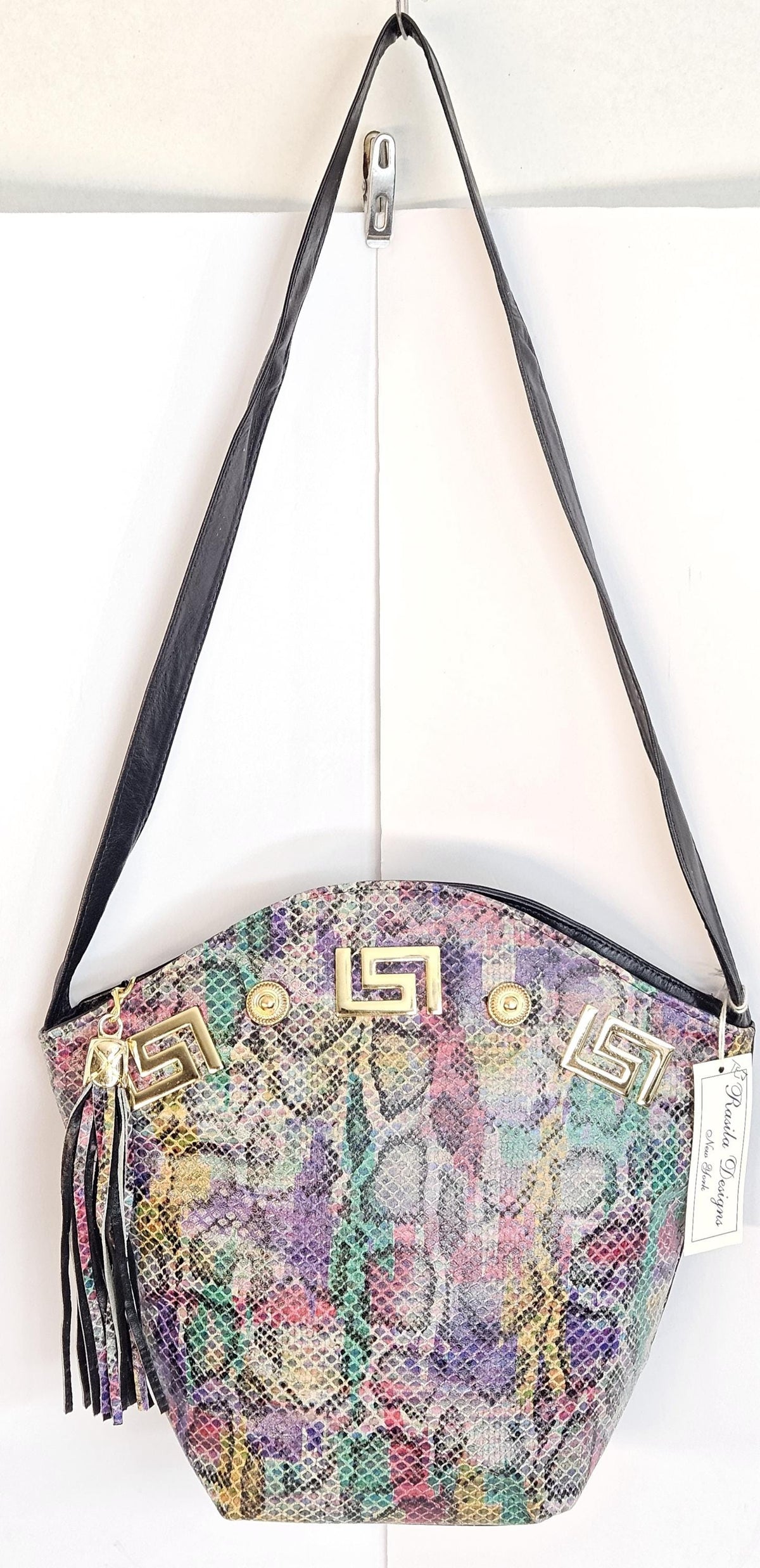 Rainbow Print Leather Handbag: Gold Accents & Tassel Drop