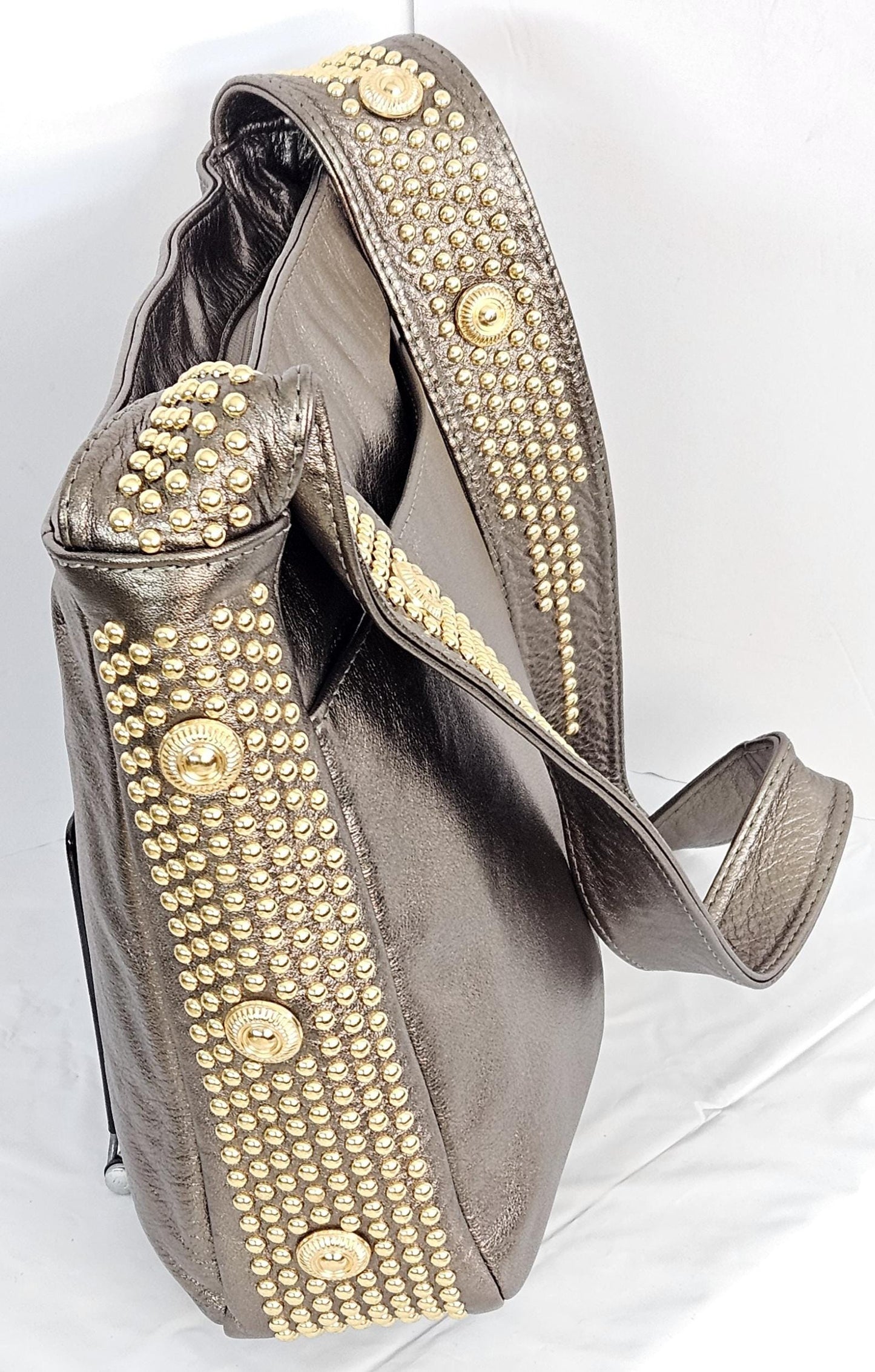 Pewter Shining Leather with gold metal Studs Handbag! #Tr8003PS.Made in USA