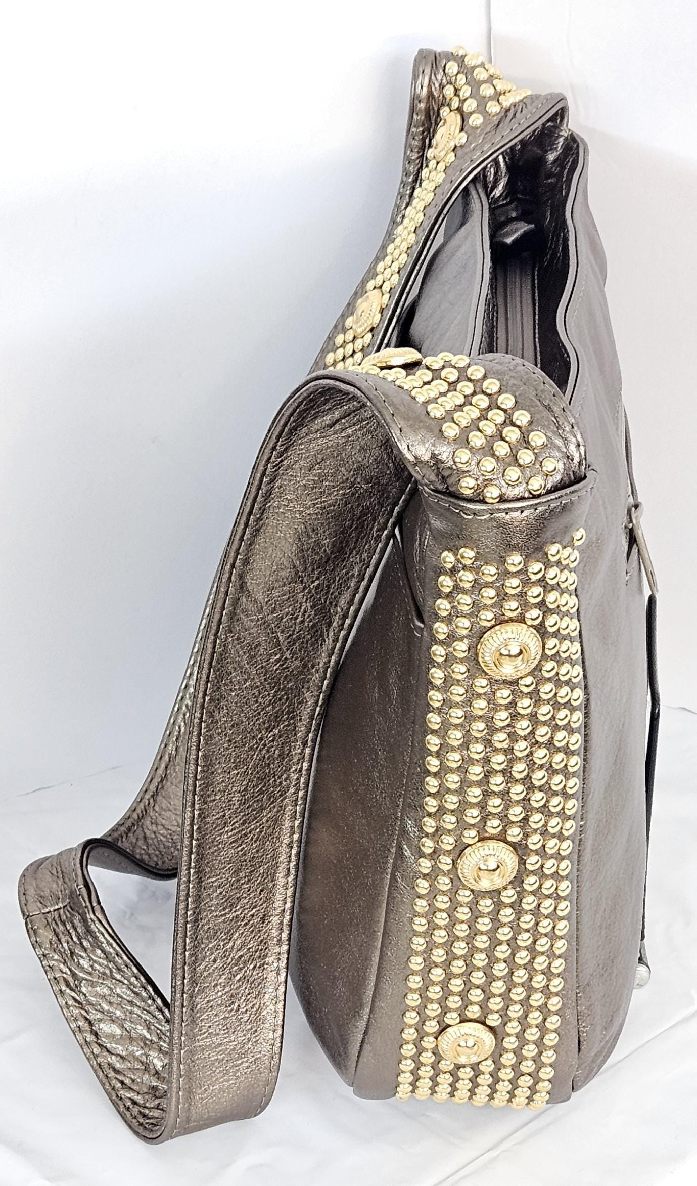Pewter Shining Leather with gold metal Studs Handbag! #Tr8003PS.Made in USA