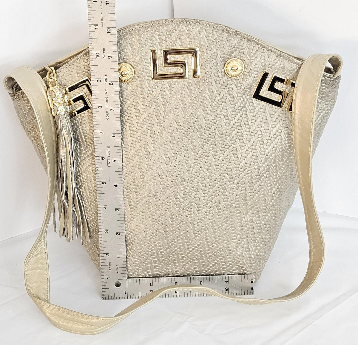 Champagne Print Genuine Leather Handbag with Tassel