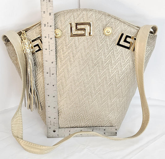 Champagne Print Genuine Leather Handbag with Tassel