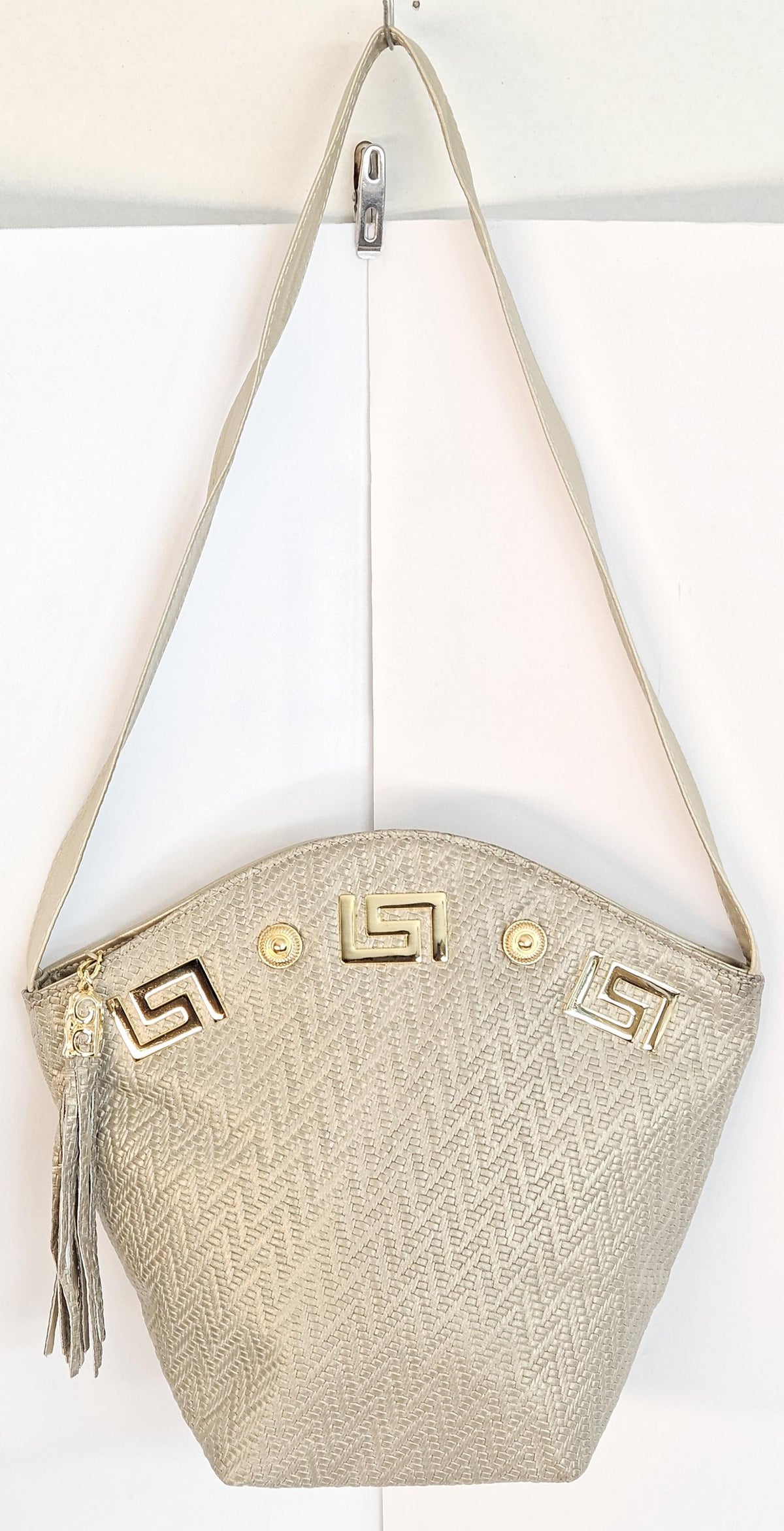 Champagne Print Genuine Leather Handbag with Tassel