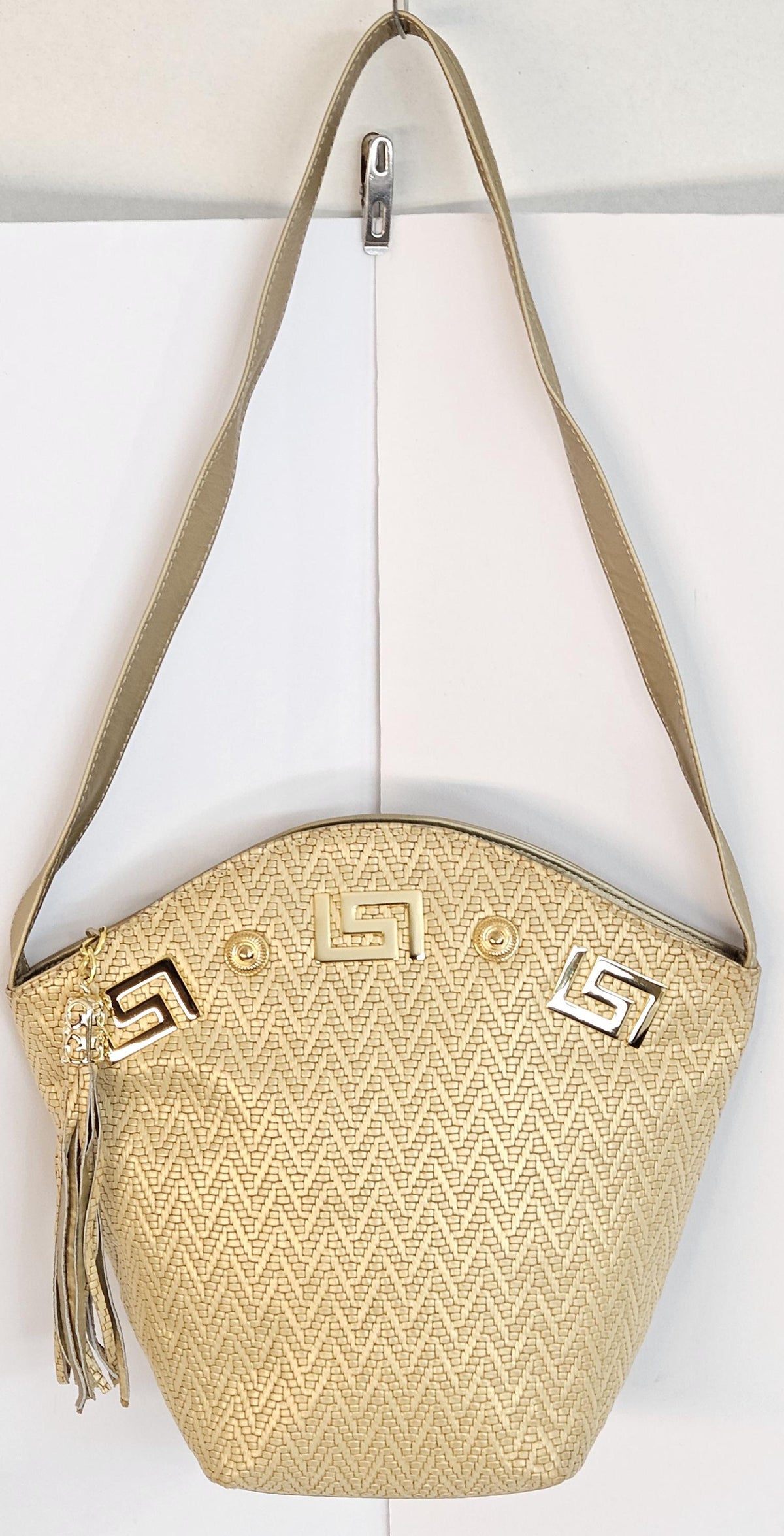 Gold Print Genuine Leather Handbag with Tassel