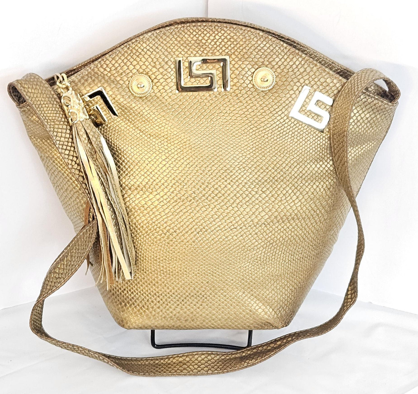 Gold mate Print Luxury Genuine Leather Handbag for Universal Use#TR9047-zgmp Gold Z and Butten with tassel drop metal design