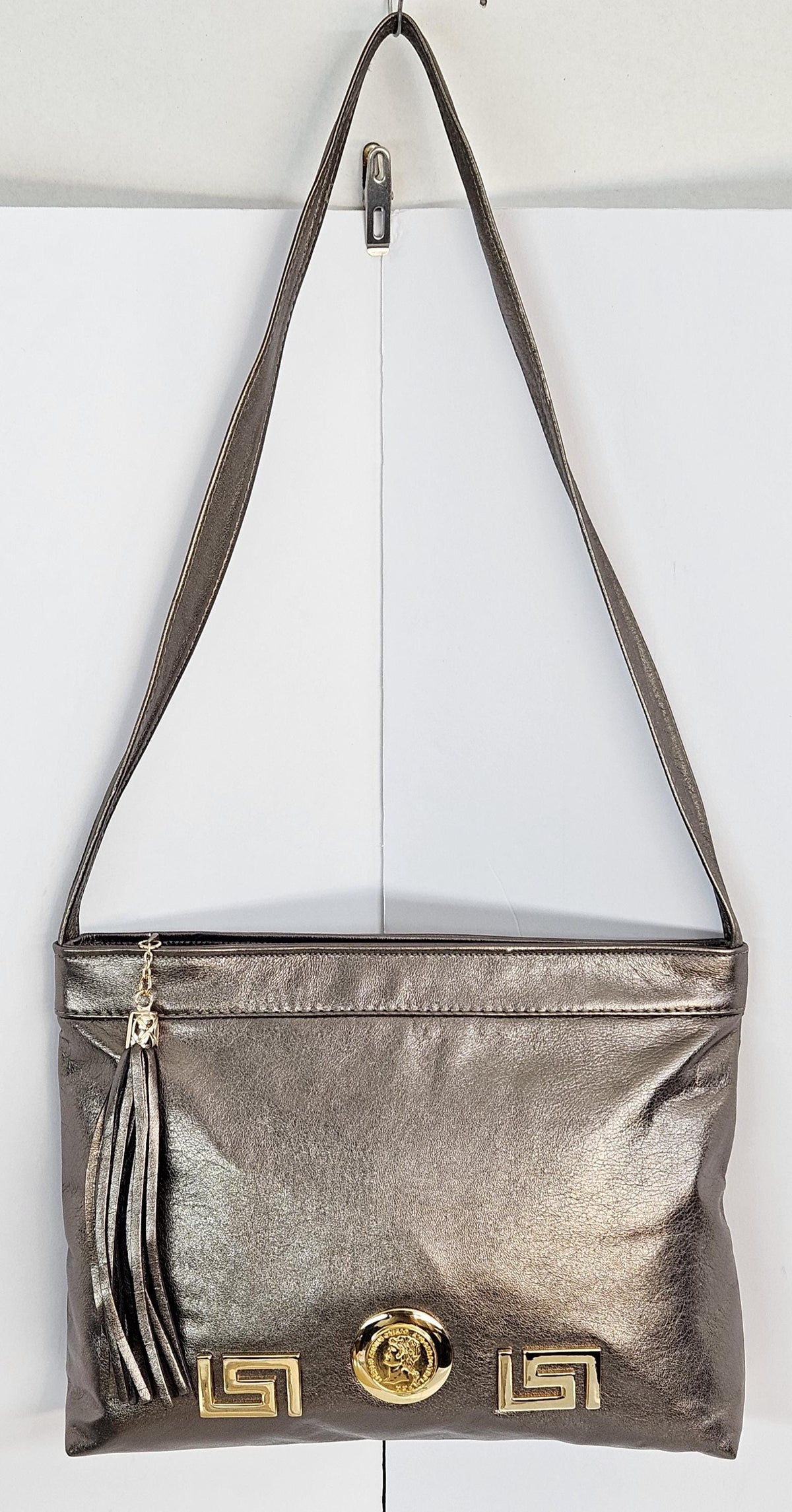 Pewter Leather Handbag: Gold Coin & Metal Design, Made in USA
