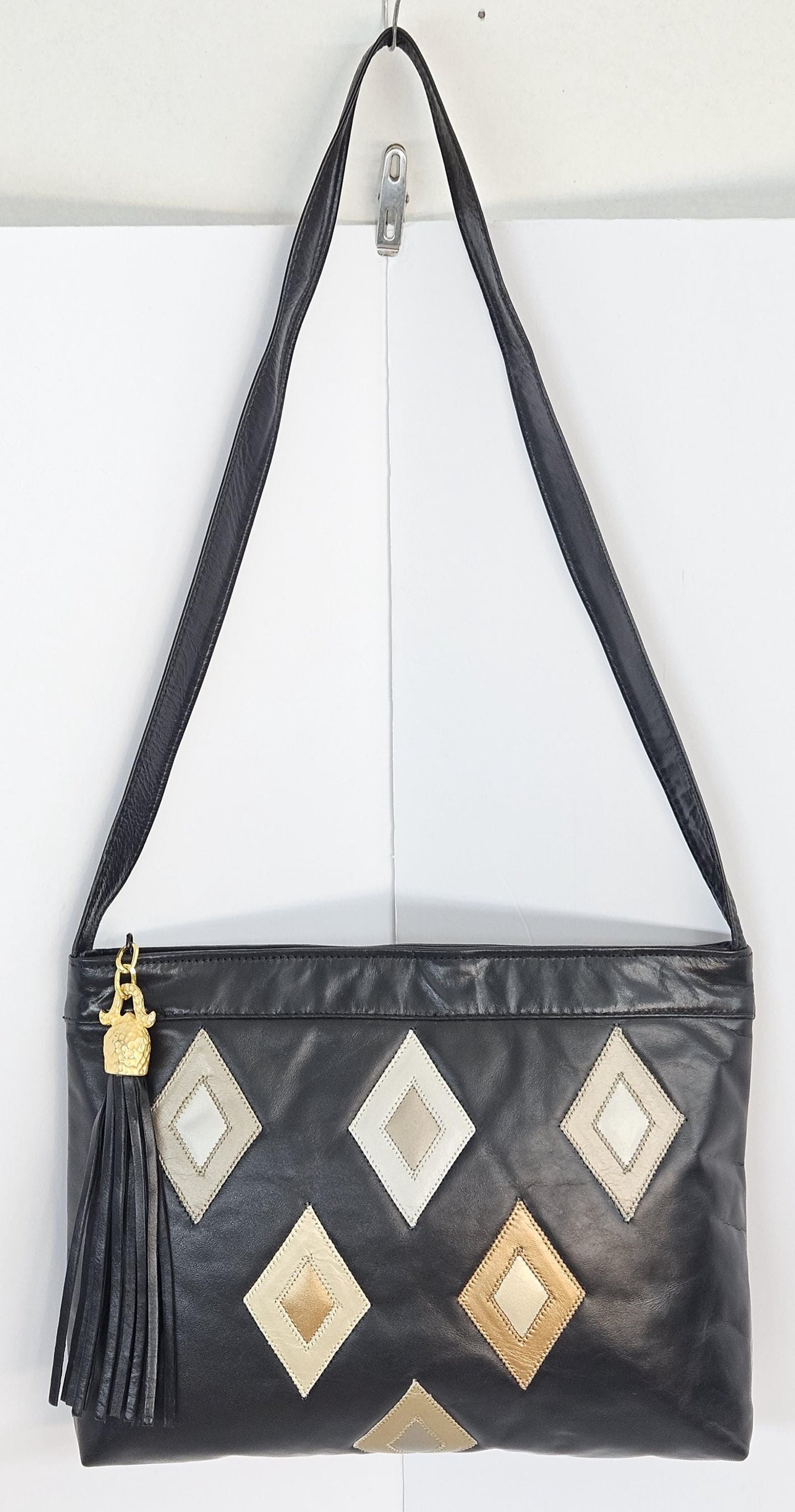 Black Leather Handbag: Diamond Cut, Zigzag Design, Made in USA
