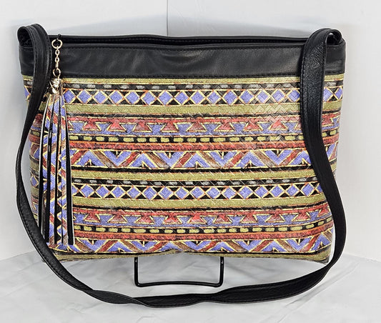 Black with Multi Print Luxury Genuine Leather Handbag! Universal Use Made in USA.Tr2024BMp.