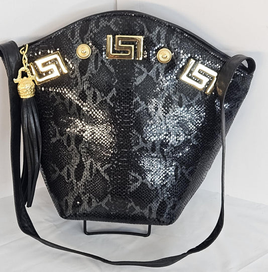 Black Snakeskin Print Leather Handbag - Gold Accents & Tassel