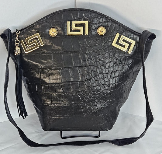 Black Genuine Leather Handbag: Gold Accents, Tassel Drop, Made in USA